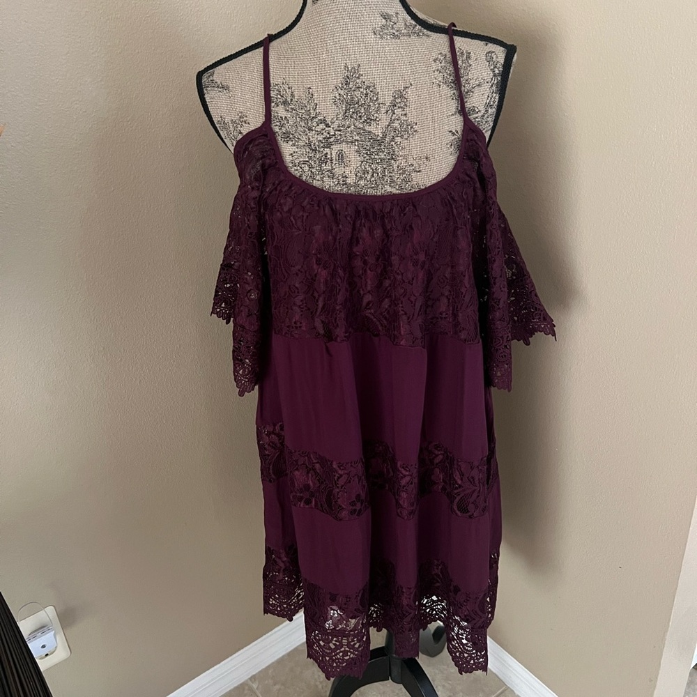 Burgundy Lace Overlay off shoulder Dress